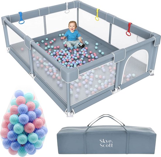 Skye & Scott Grondbox - Speelbox met 50x Oceaan Ballen - Kruipbox voor Baby - Kinderbox - Playpen - Baby box - 180x150cm - Grijs