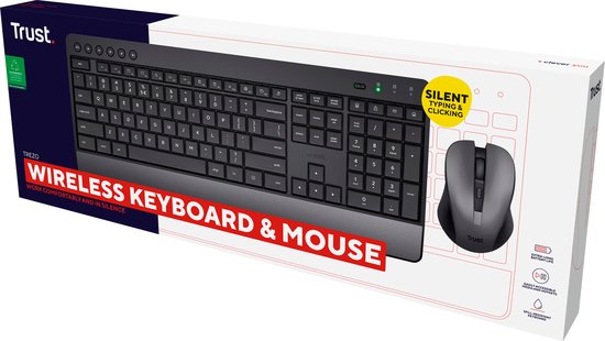 Trust Trezo - Draadloze Toetsenbord en Muis set - Met polssteun - Vlakke toetsen - Qwerty US - Zwart