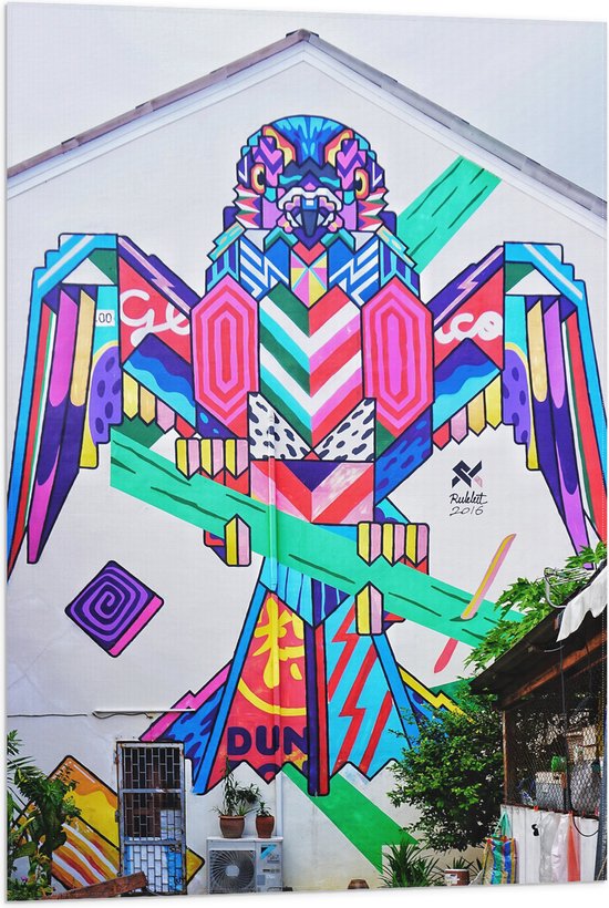 Vlag - Kunstige Vogel met Graffiti op Gebouw - 60x90 cm Foto op Polyester Vlag