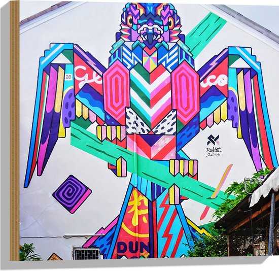 Hout - Kunstige Vogel met Graffiti op Gebouw - 50x50 cm - 9 mm dik - Foto op Hout (Met Ophangsysteem)
