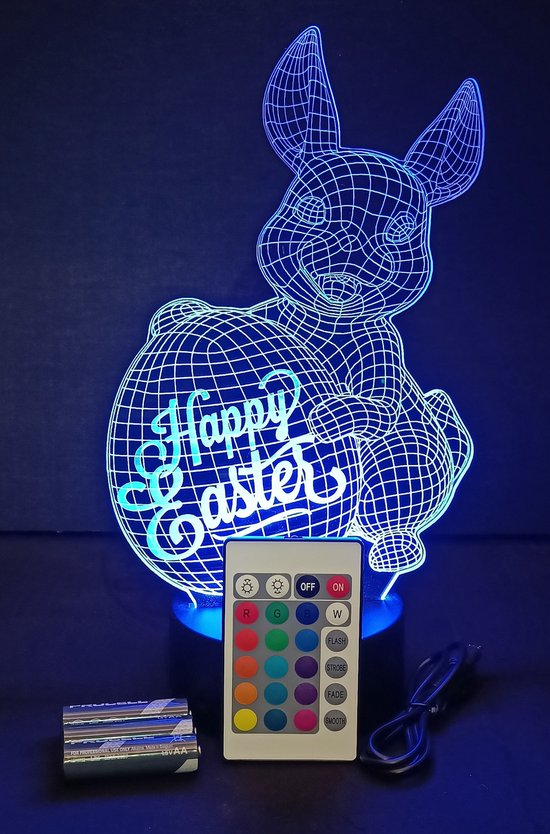 Veilleuse ' Happy Pâques' - Lampe LED - Illusion 3D - 7 couleurs et 4 effets - Joyeuses Pâques