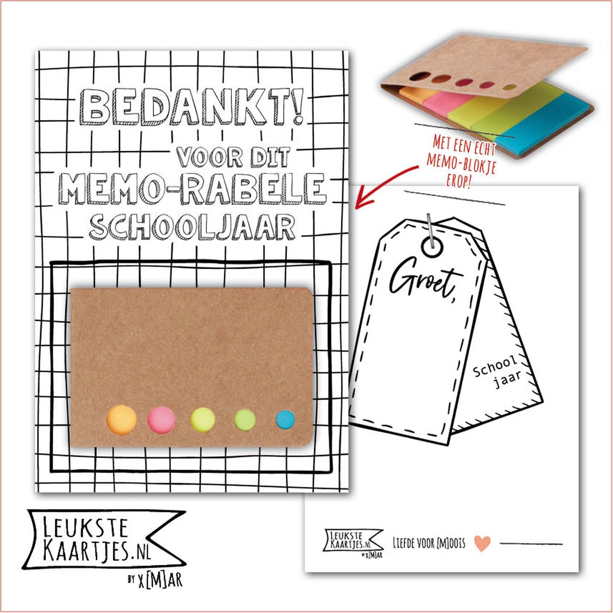 Kaartkadootje -> Memo-blokje - Schooljaar - No:01 (Bedankt voor Memorabele schooljaar - Zwart/wit ruit) - LeuksteKaartjes.nl by xMar