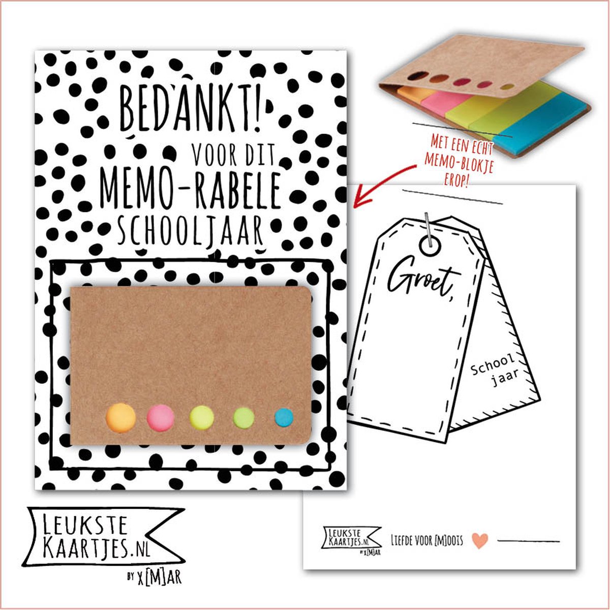 Kaartkadootje -> Memo-blokje - Schooljaar - No:04 (Bedankt voor Memorabele schooljaar - Dots groot - Zwart/wit) - LeuksteKaartjes.nl by xMar