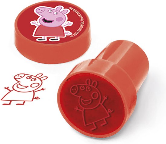 Twee rode Peppa Pig stempels, waarvan één met Peppa Pig afbeelding en de andere de afdruk.