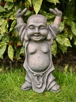 Happy Boeddha staand 43 cm hoog - fibreclay - cement - beeld - tuinbeeld - hoogkwalitatieve kunststof - decoratiefiguur - interieur - accessoire - voor binnen - voor buiten - cadeau - geschenk - verjaardag - nieuwjaar - kerst - relatiegeschenk