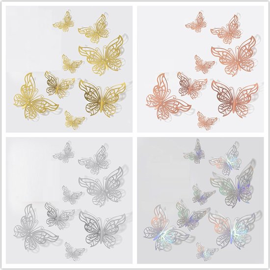 48 vellen driedimensionale dubbellaagse holle 3D-vlinderstickers / doe-het-zelf muurstickers voor slaapkamerramen / vlinders met dubbele vleugels