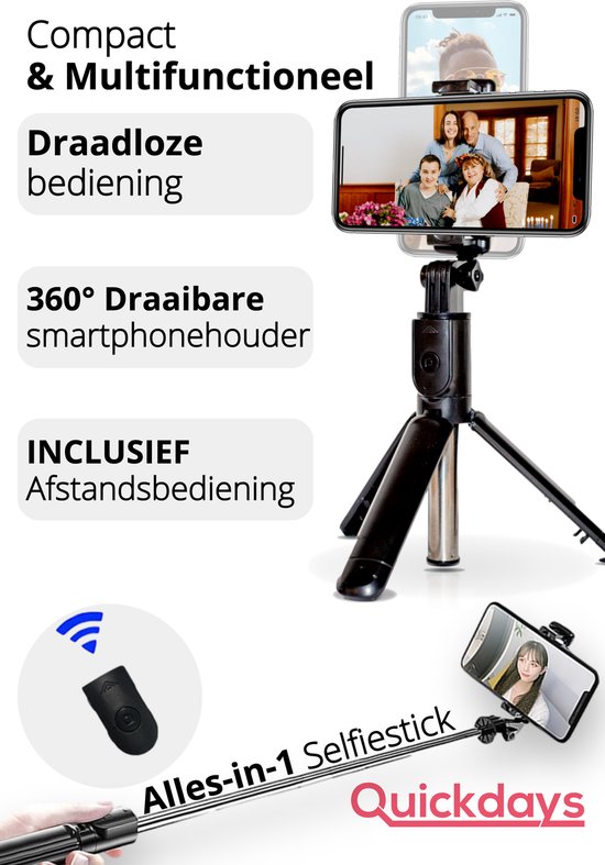 Bluetooth Selfie Stick 3-in-1 - Tik Tok - Selfiestick Universeel - Tripod - Monopod - Met afstandsbediening - Geschikt voor Samsung & iPhone BOL
