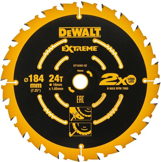 DeWalt DT10302 Extreme Cirkelzaagblad - 184 x 16 x 24T - Hout (Met nagels)  | bol.com