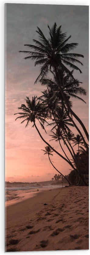 WallClassics - Acrylglas - Groepje Hoge Palmbomen op het Strand bij Zonsondergang - 30x90 cm Foto op Acrylglas (Wanddecoratie op Acrylaat)