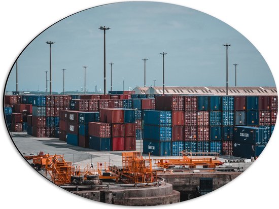 Dibond Ovaal - Zee Containers op de Haven - 56x42 cm Foto op Ovaal (Met Ophangsysteem)
