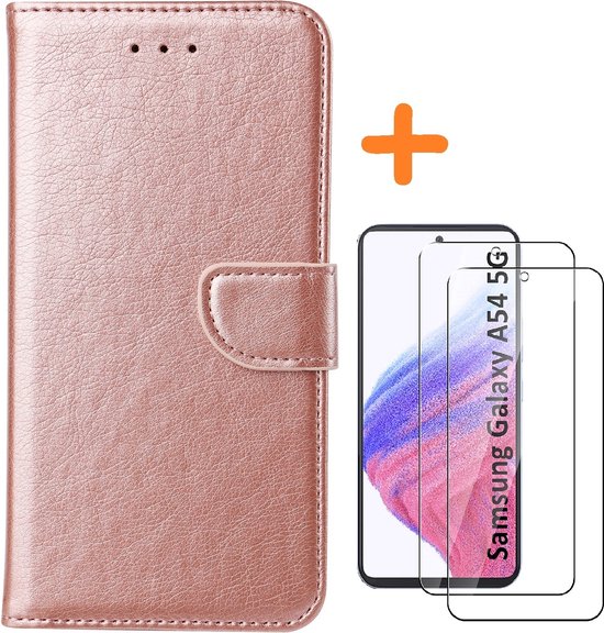 Étui portefeuille rose doré fermé, avec téléphone Samsung Galaxy A54 5G et 2 protections d'écran.