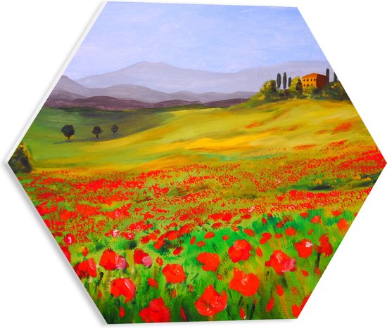 WallClassics - PVC Schuimplaat Hexagon - Schilderij van Tulpenveld met Blauwe Lucht - 40x34.8 cm Foto op Hexagon (Met Ophangsysteem)