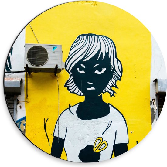Dibond Muurcirkel - Graffiti op Muur van Vrouw met Gele Schaar - 30x30 cm Foto op Aluminium Muurcirkel (met ophangsysteem)