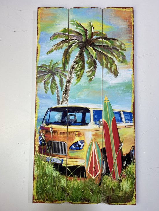 Houten wandbord beach retro surf bus Geel Beach 60 x 30cm