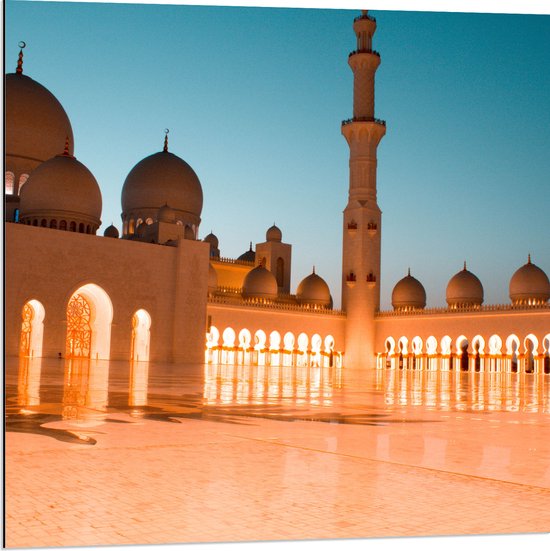 Dibond - Vooraanzicht van de Sjeik Zayed-moskee in Abu Dhabi - 80x80 cm Foto op Aluminium (Met Ophangsysteem)