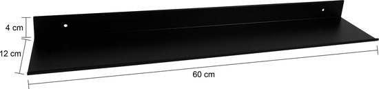 Zwarte metalen wandplank van 60 cm lang, 12 cm diep en 4 cm hoog.