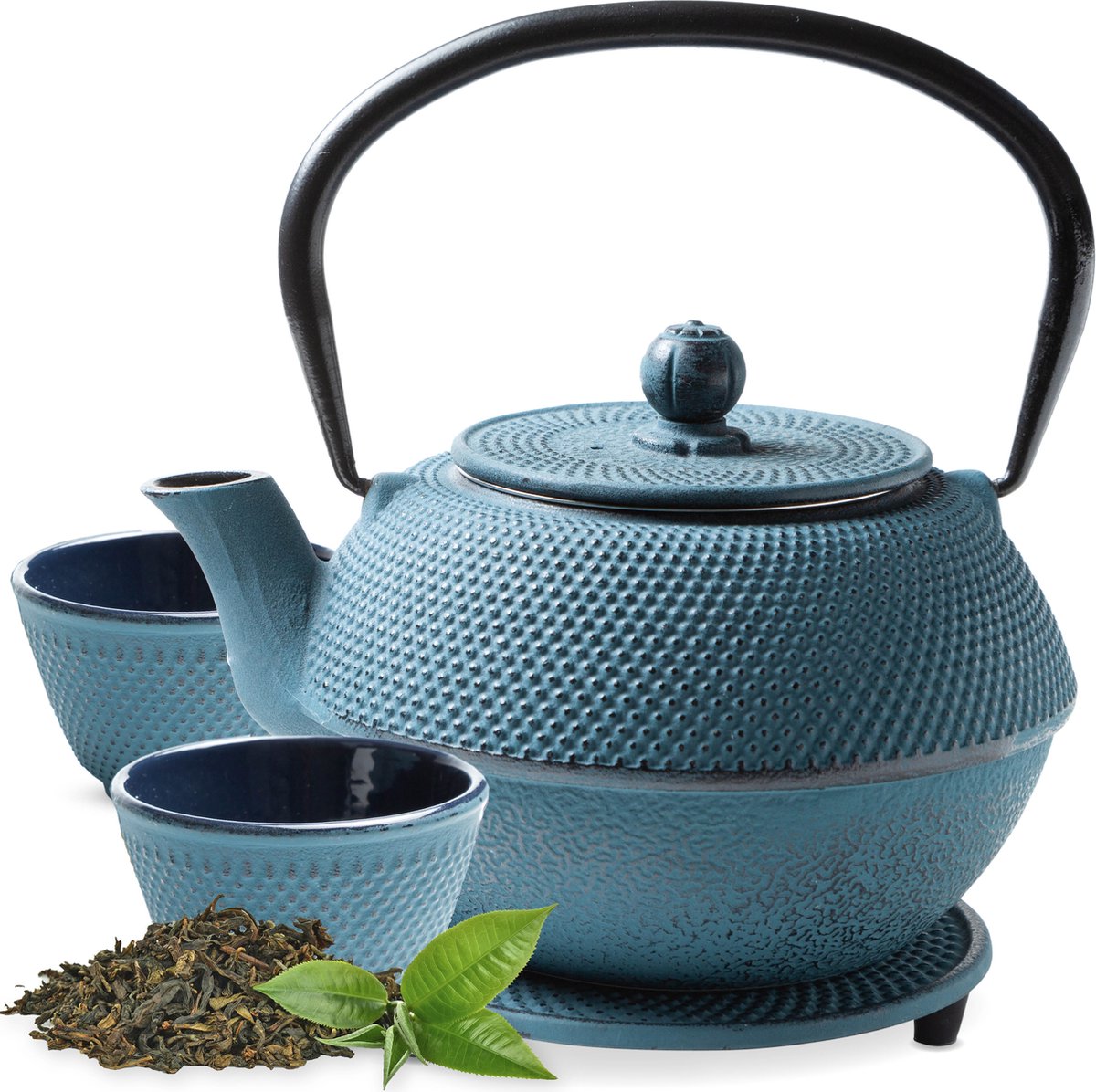 Tealøv THEE SET 1,1 LITER GIETIJZER | COMPLETE SET IN GESCHENKDOOS | Gietijzeren Theepot met Roestvrijstalen Zeef, Gietijzeren Theekopjes en Onderzetter | In Authentiek Japanse Stijl | Arare Blauw