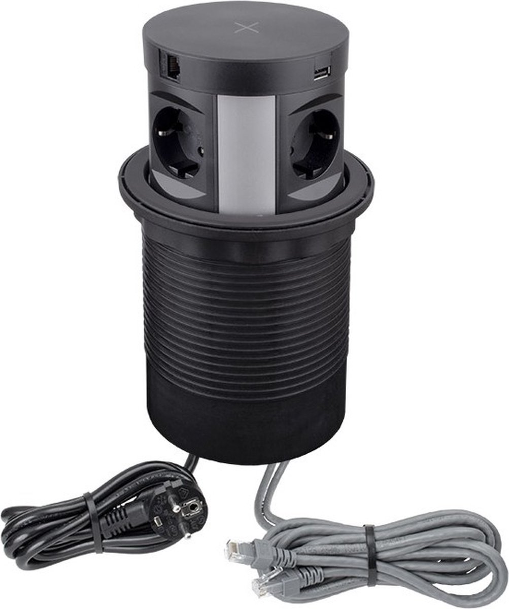Design Light Multibox - Pop-up stekkerdoos met USB (A en C) en Netwerkkabel - Verdeelstekker met 4 Stopcontacten met Qi draadloze oplader - Stekkerblok met Quickcharge 3.0 - Zwart
