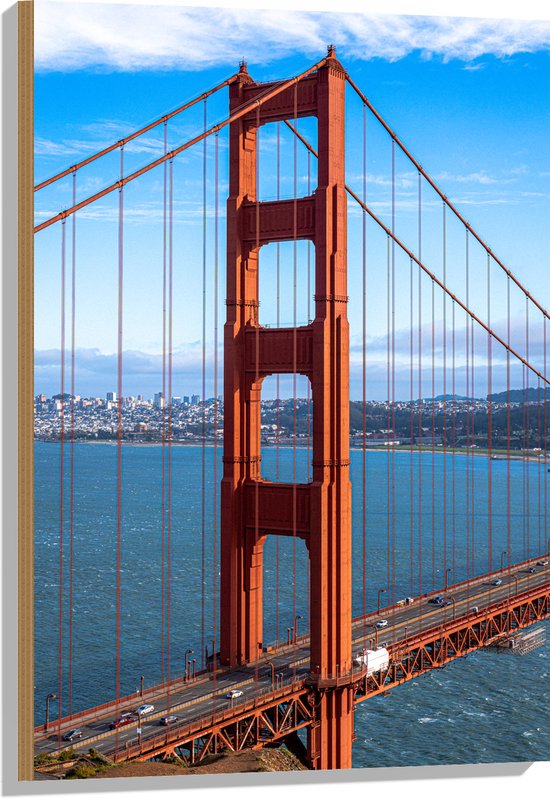 Hout - Uitzicht op Deel van Golden Gate Bridge op Zonnige Dag - 60x90 cm - 9 mm dik - Foto op Hout (Met Ophangsysteem)