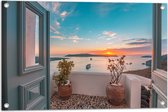 Tuinposter – Uitzicht op Zonsondergang in de Oceaan vanaf Grieks Balkon - 75x50 cm Foto op Tuinposter (wanddecoratie voor buiten en binnen)