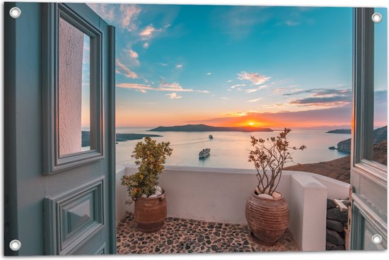 Tuinposter – Uitzicht op Zonsondergang in de Oceaan vanaf Grieks Balkon - 75x50 cm Foto op Tuinposter (wanddecoratie voor buiten en binnen)