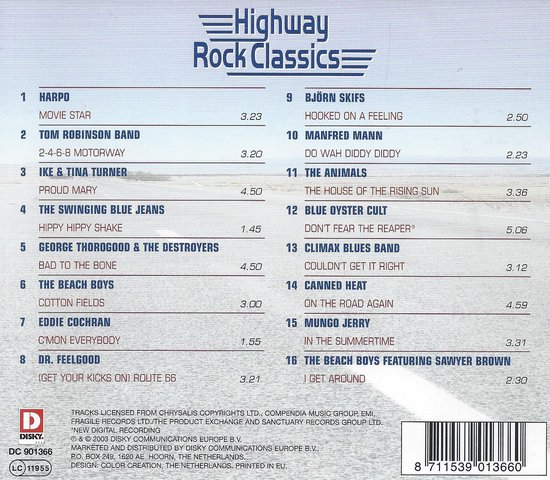 Lijst van nummers op Highway Rock Classics CD, met artiesten zoals Harpo, Tom Robinson Band, Ike & Tina Turner, The Beach Boys, Eddie Cochran, Dr. Feelgood, Björn Skifs, Manfred Mann, The Animals, Blue Oyster Cult, Climax Blues Band, Canned Heat, Mungo Jerry en The Beach Boys featuring Sawyer Brown.