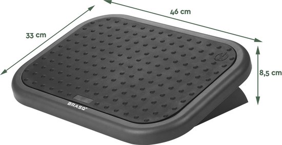 Zwarte voetensteun met afmetingen: 46 cm lang, 33 cm breed, 8,5 cm hoog.