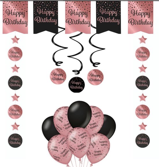 Verjaardag Versiering Pakket Happy Birthday - Zwart - Roze - 14 Stuks - Versiering - Decoratie - Feestpakket - Leeftijden - Slinger - Ballonnen - Hangdecoratie - Swirls