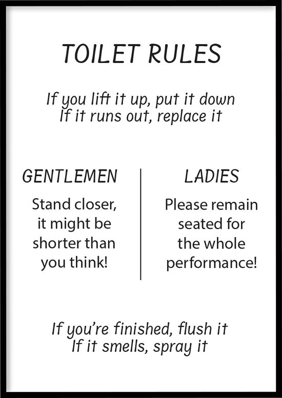 Poster Toilet Rules - 30x40 cm - WC poster - Exclusief fotolijst - WALLLL