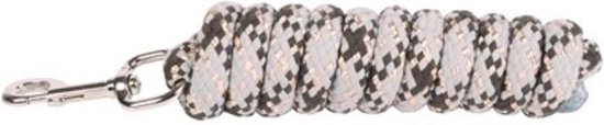 Grijs halstertouw met glitterpatroon en zilverkleurige musketonhaak, opgerold.