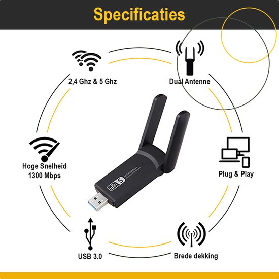 Zwarte WiFi 5 AC1300Mbps draadloze USB-adapter met dubbele antenne, USB 3.0 en 1300 Mbps snelheid.