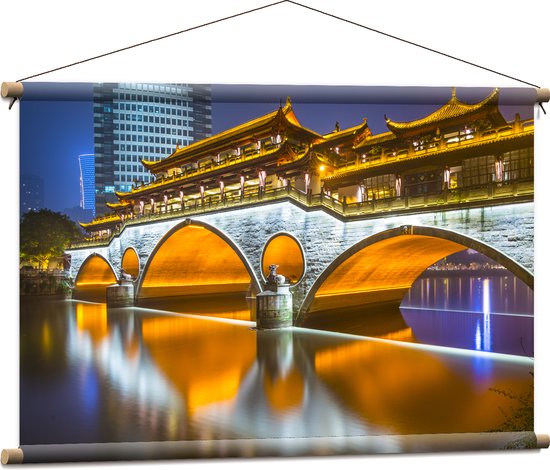 Textielposter - Verlichte Anshun Brug in de Avond in Chengdu, China - 90x60 cm Foto op Textiel