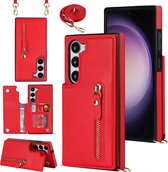 Casemania Hoesje Geschikt voor Samsung Galaxy S23 Plus Rood - Luxe Back Cover met Koord - Wallet Case - Pasjeshouder