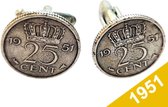 Manchetknopen Kwartje 1951 Verzilverd - Uniek en Stijlvol Sieraad met Jaartal - Cadeau Geboortejaar - Alle Jaartallen Beschikbaar - Doorsnede 1,8 cm