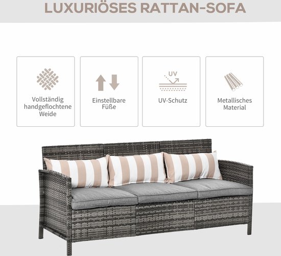 Outsunny Rotan bank driezits tuin loungebank met kussens 860-085-1 - Outsunny