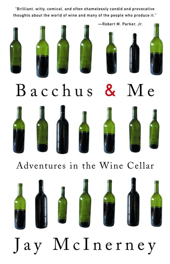 Boekomslag met de titel 'Bacchus & Me', met op de achtergrond een patroon van wijnflessen in verschillende tinten groen en zwart.