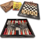 Yenigün Tavla - Backgammon + Schaken - Kleine versie 25cm- Reiseditie - Classic Black Marble Backgammon - met houten schaakstukken