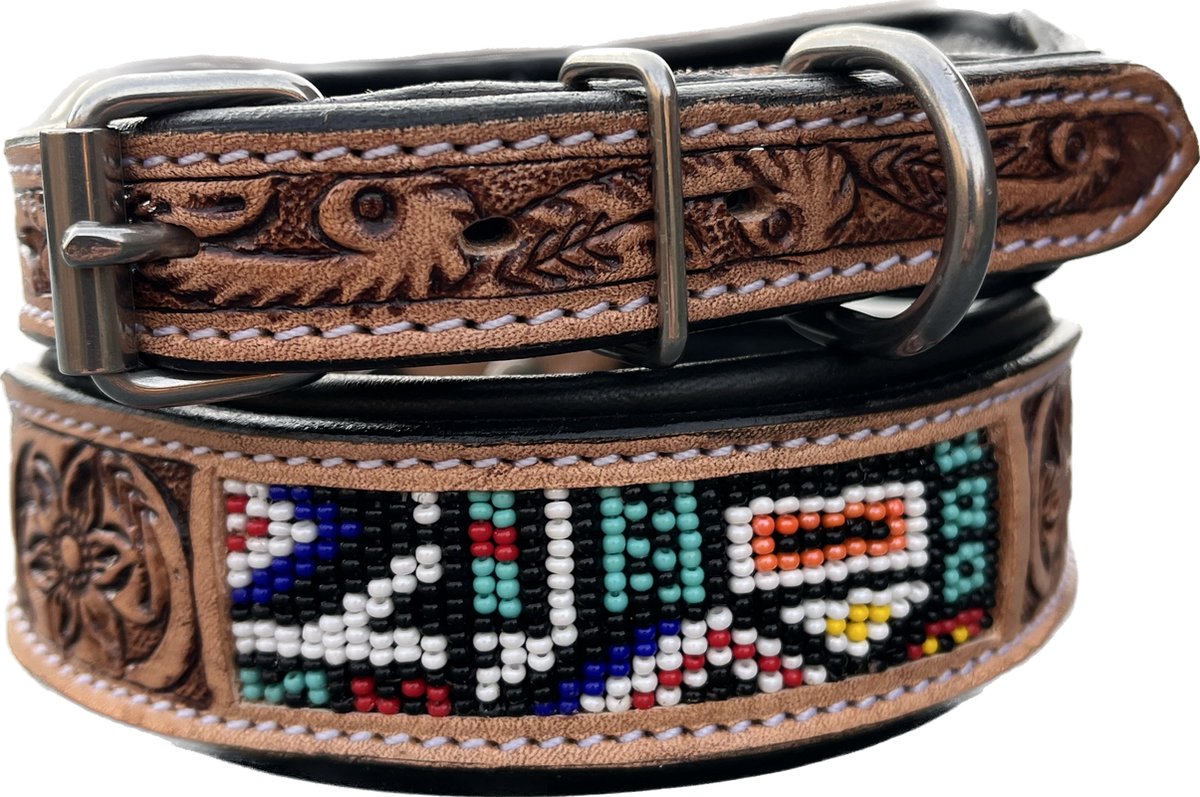 Bol.com Halsband hond van leer - Maat S - 32 cm t/m 40 cm verstelbaar - Bruin met patroon aanbieding