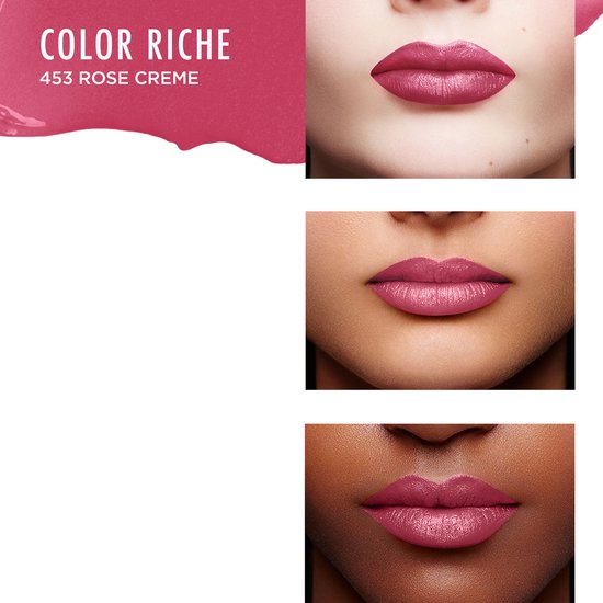 Drie close-ups van lippen met de roze lipstick '453 Rose Creme' op verschillende huidskleuren.