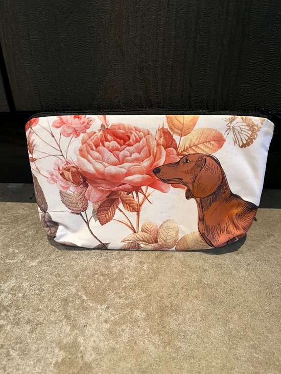 Trousse de toilette - Teckel - Imprimé fleuri - Etui - Pochette - Trousse de Maquillage - 1 compartiment - étanche - 21x14cm