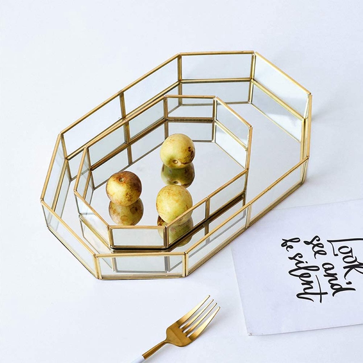 WPJ Plateau De Miroir Plateau Décoratif En Métal Avec Poignée, Plateau De Vanité Bijoux De Parfum Organisateur Plateau De Maquillage Pour La Commode, Chambre à Coucher Et Salle De Bain (Color