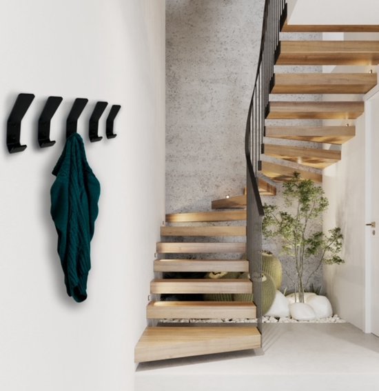 Kapstokhaak – 5x haken - Inclusief Bevestigingsmateriaal - Kledinghaak - Garderobe Haakjes - Design Ophanghaak  – Kapstokken – staal – modern - Zwart