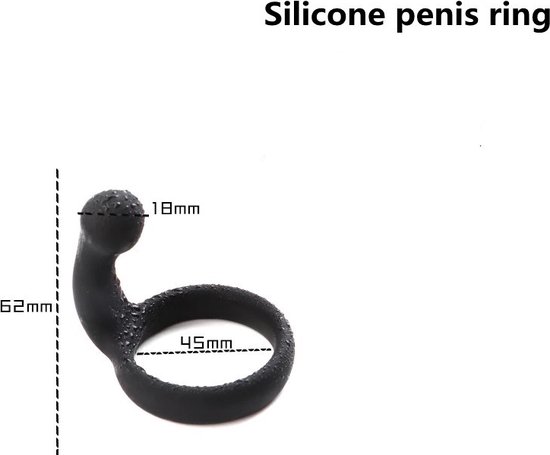 Zwarte silicone penisring met afmetingen aangegeven.