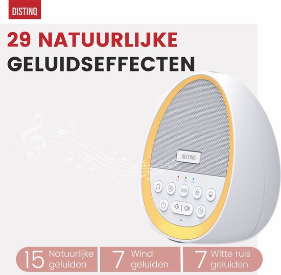 DistinQ White Noise Machine - Witte Ruis Slaaptrainer voor Baby - Slaaphulp met 8 verschillende kleuren LED verlichting en 29 rustgevende geluiden