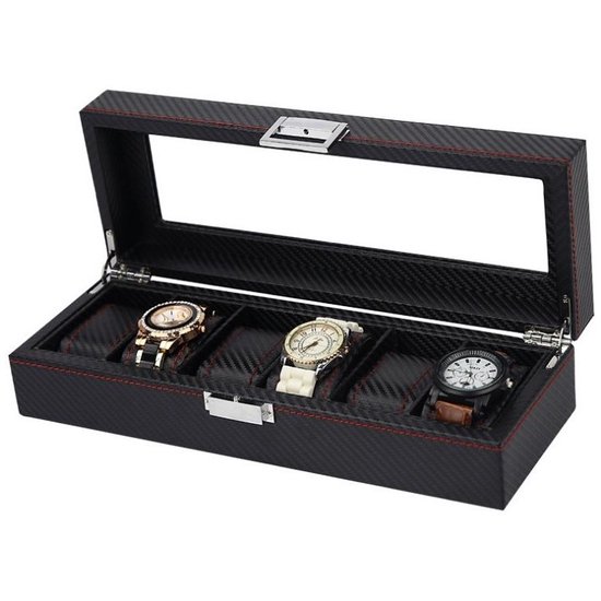 Houten Horloge Box - 6 Compartimenten met 6 Zwarte Kussentjes - cadeau voor hem - Geschikt voor Horloges en Sieraden