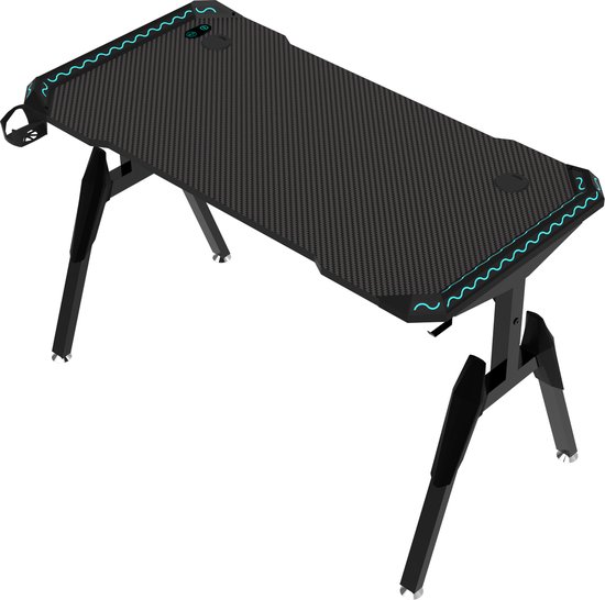 Homall Gaming tafel met led 160 x 60 cm, ergonomische gamingbureau met Z-frame, met bekerhouder, hoofdtelefoonhaak en muismat, gamingbureau, geschikt voor kantoor en games, zwart