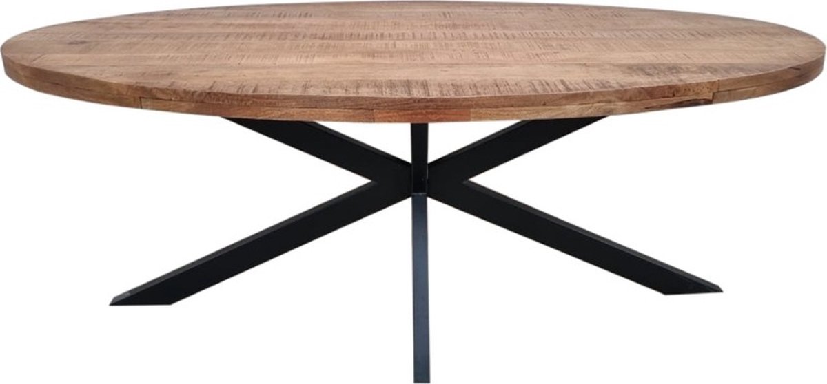 Ovale Eettafel - Mangohout - 210x100x76cm - Spinpoot Metaal - Mat Gelakt