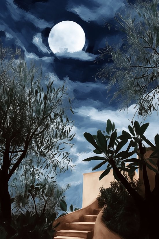 Sfeer Posters - Maan Poster - Landschap bij Maanlicht - Poster Painted Stijl - Abstract - Wanddecoratie - Interieur Design - 61x91 - YR - Geschikt om in te lijsten