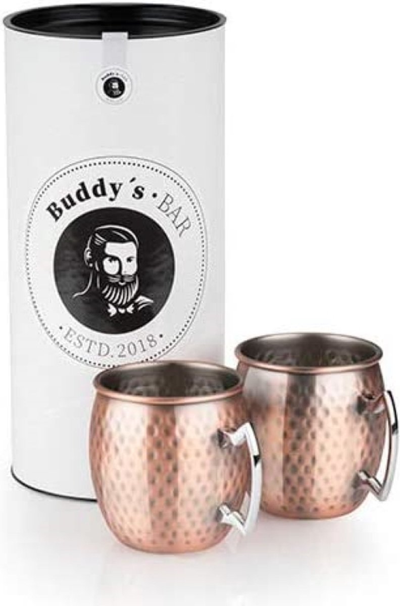 Buddy's Bar Moscow Mule Bekers - Cocktailglazen - Set van 2 Koperen Bekers - RVS met Aniek Koperen Coating - Met Geschenkverpakking - 500 ml