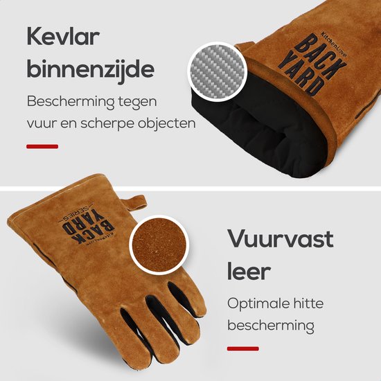 Leren barbecue handschoen met Kevlar binnenzijde, textuurdetails.